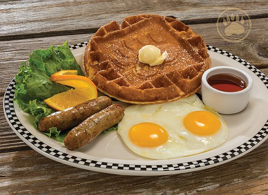 bears-choice-breakfast eggs meat and waffles